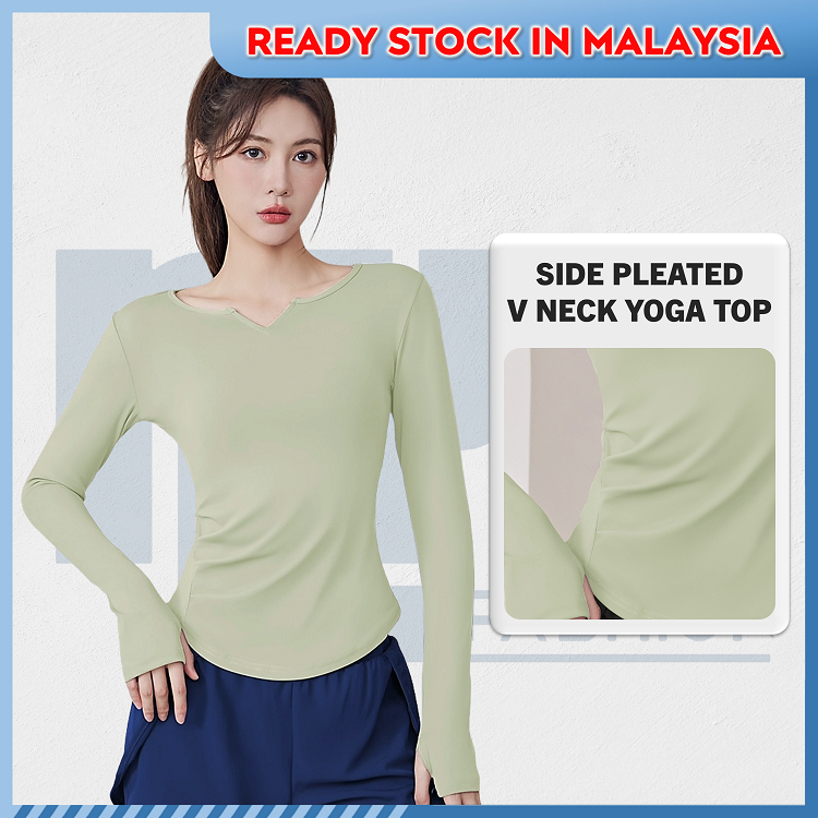 NYK Women Yoga Long Sleeve Sportswear Lady V-Neck Slim Fit Breathable Activewear Running Gym Workout Sport Top