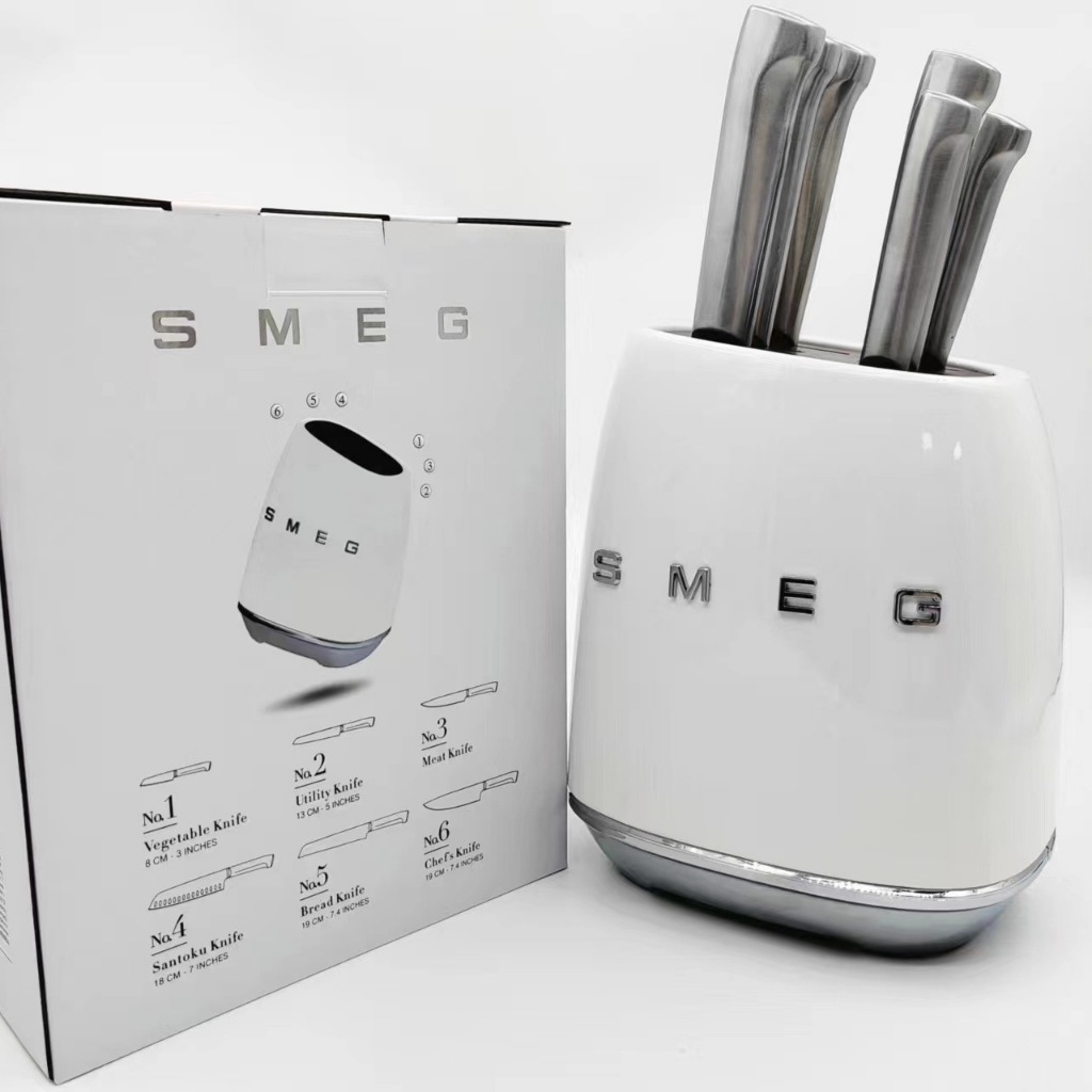💥24H SHIP) SMEG Knife Holder Set Smeg Vintage Stainless Steel Kitchen Knife Bread Knife Home Kitchen Knife 7 Piece Set