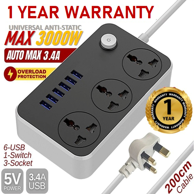【1YEAR Warranty】Power Socket (3.1A) Fast Charging 6 USB Extension 3 Socket Plug Ports & 2M Cable Power Strip