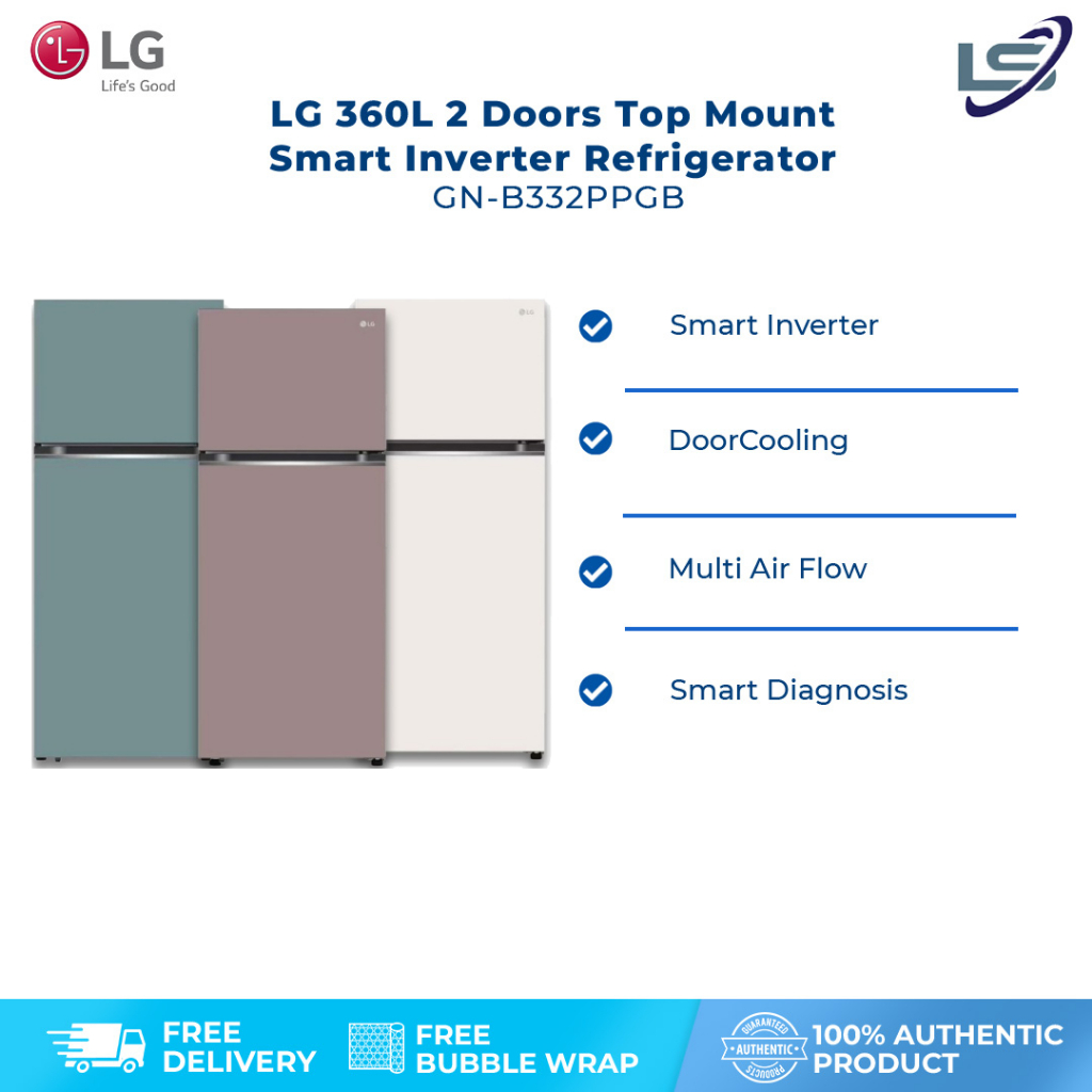 LG 360L 2 Doors Smart Inverter Refrigerator GN-B332PBGB / GN-B332PMGB / GN-B332PPGB | Door Cooling+ | Multi Air Flow