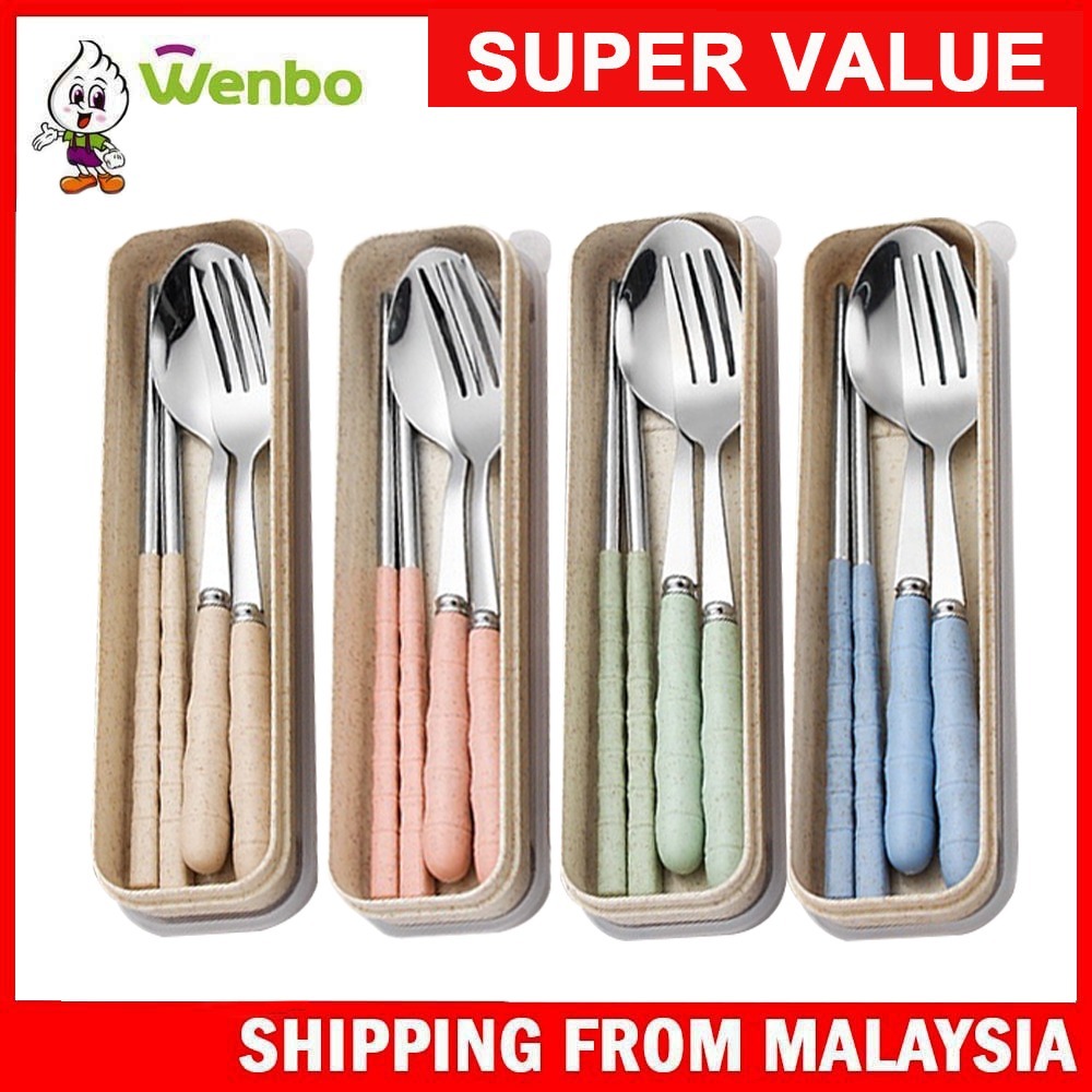 Wenbo Stainless Steel Tableware 3pcs Sets Portable Wheat Straw Tableware Set Fork / Spoon / Chopsticks Cutlery Sets