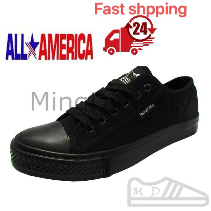 All America Laces School Black Shoe Kasut Sekolah Hitam Tali Canvas 3337-AB