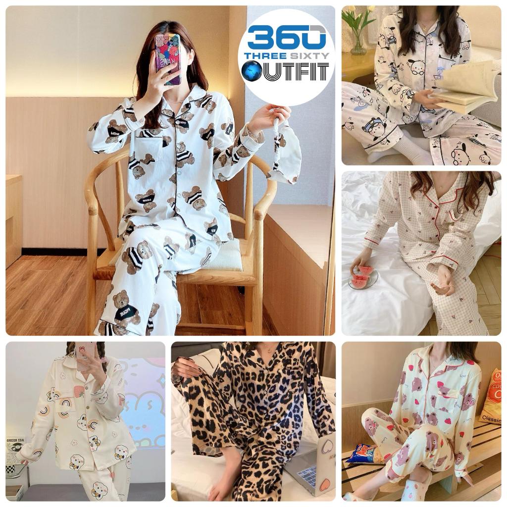 2 in 1 Set Korean Design Long Sleeve Pyjamas Bear Women Cotton Silk Sleepwear Pajamas Berkualiti Baju Tidur Wanita