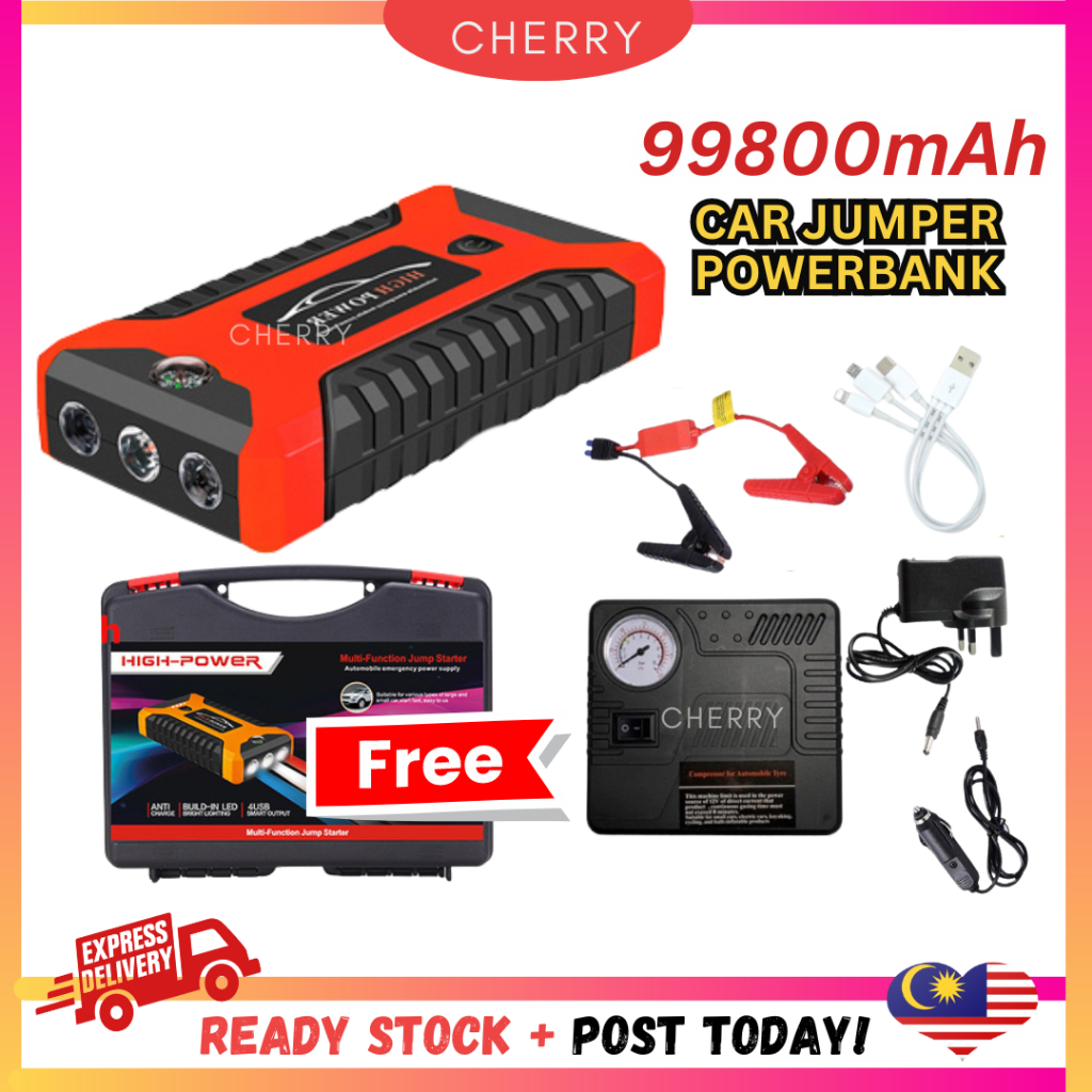 CHERRY99800Mah Car Jumper Car PowerBank Multi function Car Pump Starter Car Tyre Jumper Kereta Car Emergency Powerban