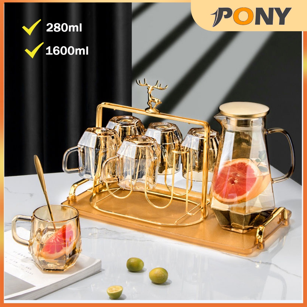 PONY cawan dan jug 7 PCS glass tea pot water jar thickened jug teko lid Set Thick jar Thick Heat resistant 玻璃茶壶 茶杯 玻璃水杯