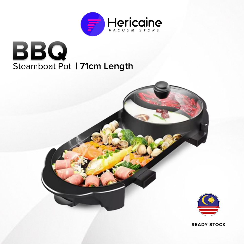 2024 Hericaine 2In1 Electric BBQ steamboat pot Grill Pan Dual Soup Hotpots Shabu Frying Pan Peruik Stimbot 55 / 71 cm