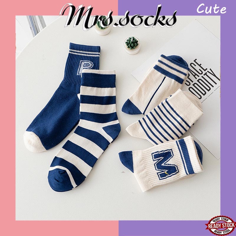 Mrs.socks Blue Pattern Tide Socks Crew Korean Socks Stokin Panjang Wanita Stoking Stocking Muslimah Kaos Kaki 袜子女 襪子女