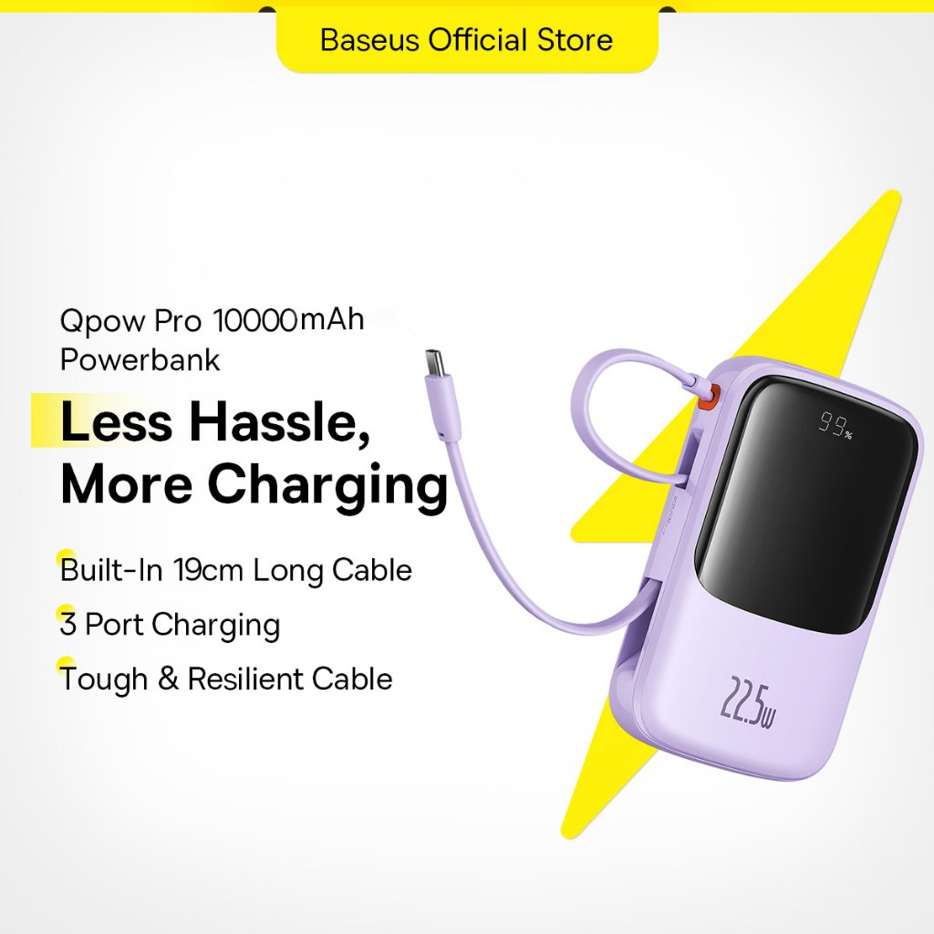 Baseus 10000mAh PD Fast Charging Power Bank Built in Cables Portable Charger External Battery Pack