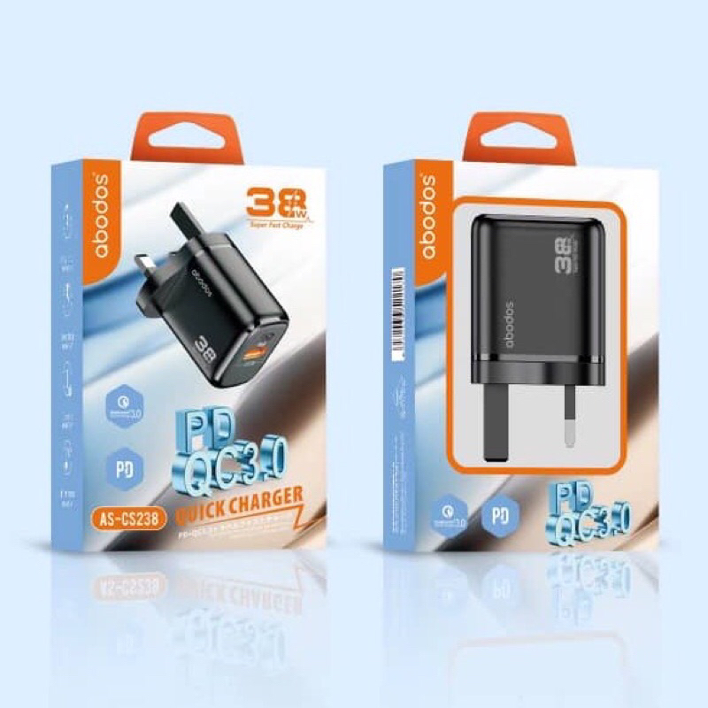 ABODOS AS-CS238 Travel Charger / 38W PD + QC 3.0 Super Fast Quick Charging UK Plug Only
