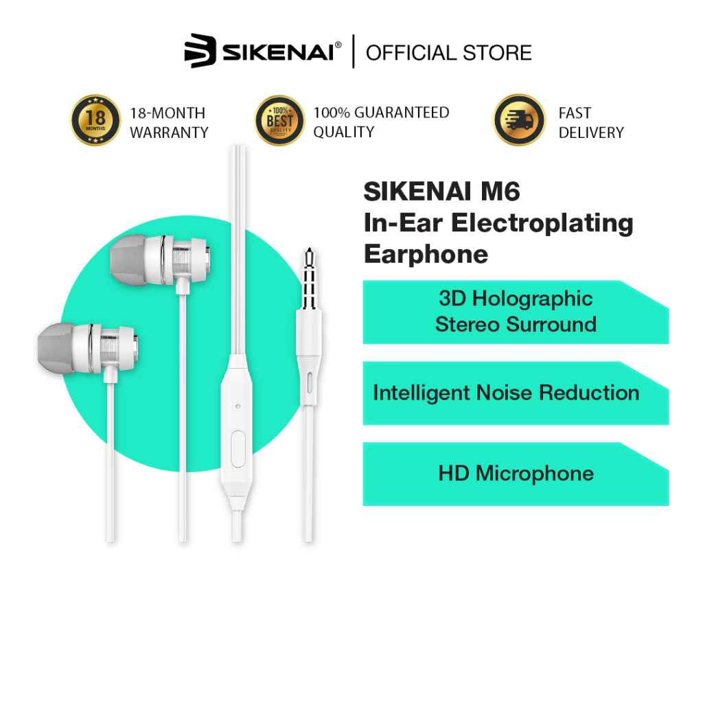 SIKENAI M6 In-Ear Electroplating Earphone 3D Holographic Stereo Surround, Intelligent Noise Reduction & HD Microphone