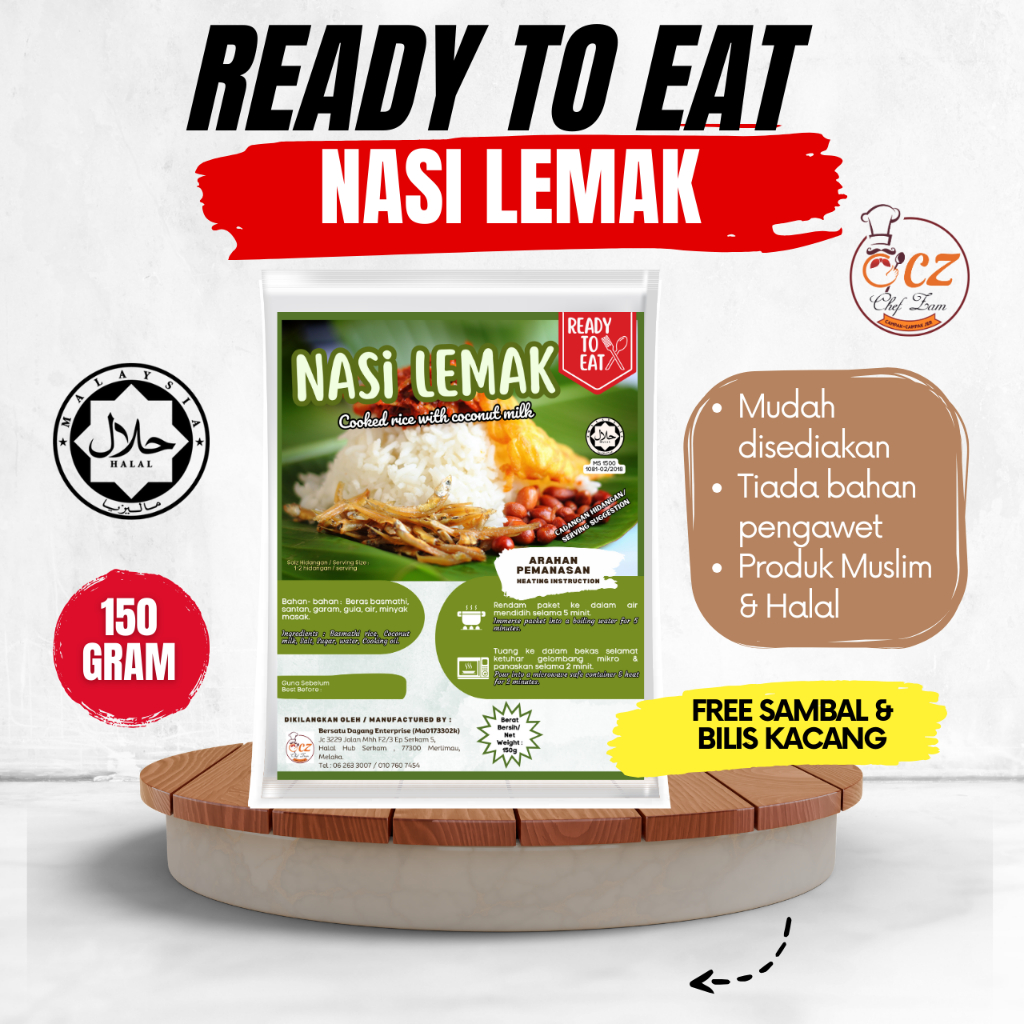 Chef Zam NASI LEMAK SAMBAL KACANG BILIS 150GRAM ready to eat travel KEMBARA instant rice