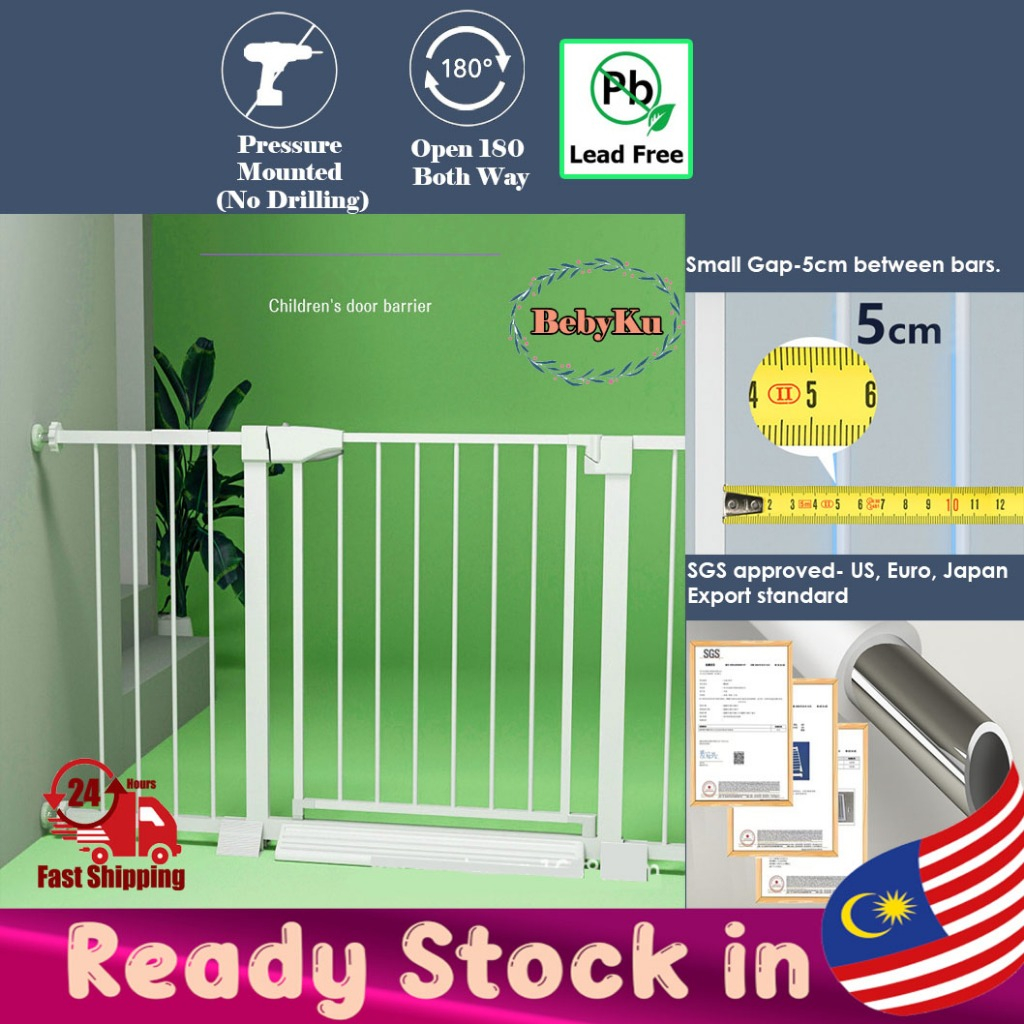 Babyku Premium Baby Safety Gate High Strength Iron for Kids and Toddlers Auto Lock Baby Rail Pagar Bayi Pets Gate