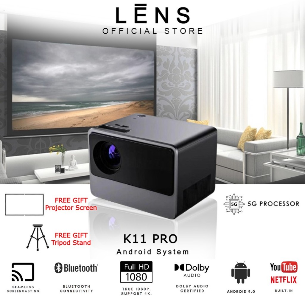 NEW LENS K11 PRO Projector Wi-Fi Version | Home Theater 4k Projector | Smartphone Mirror Screen | Full HD LCD LED