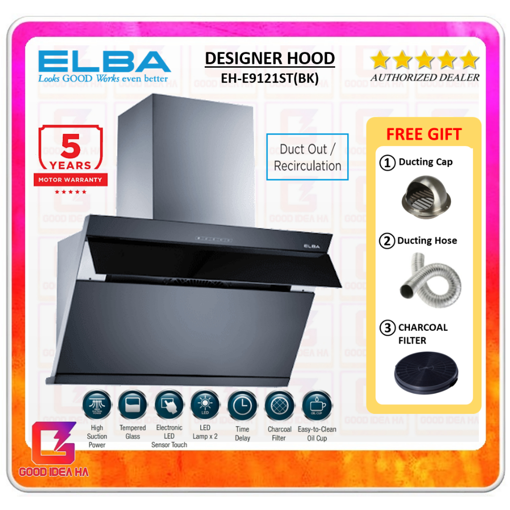 【FREE CAP + DUCTING + CHARCOAL FILTER】ELBA ETERNO EH-E9121ST(BK) Kitchen Cooker Hood 1400m3 2-Speed