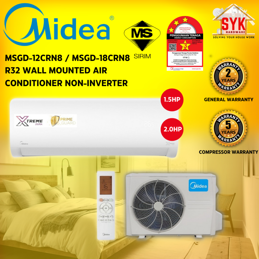 SYK MIDEA 1.5Hp MSGD-12CRN8 2Hp MSGD-18CRN8 Xtreme Dura R32 Non-Inverter Air Conditioner Aircon Penghawa Dingin