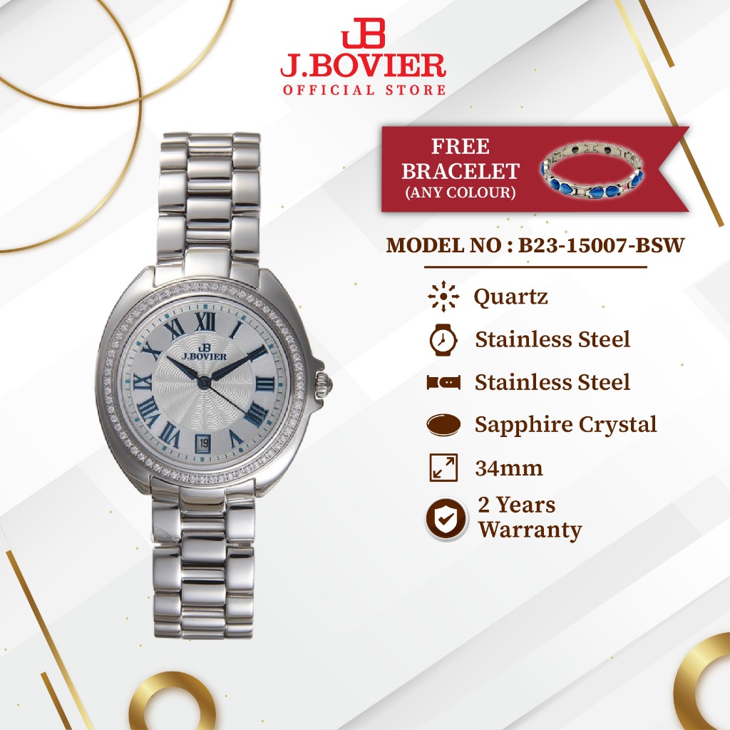 [2 Years Warranty] J.Bovier Diamond Quartz Women Watch Jam Tangan Wanita B23-15007-BSW