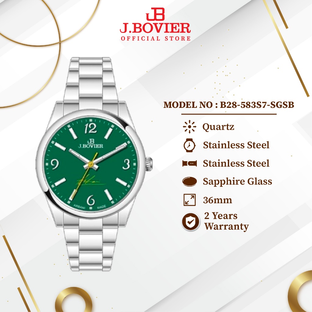 [2 Years Warranty] J.Bovier Stainless Steel Quartz Unisex Watch Jam Tangan B28-583S7-SGSB