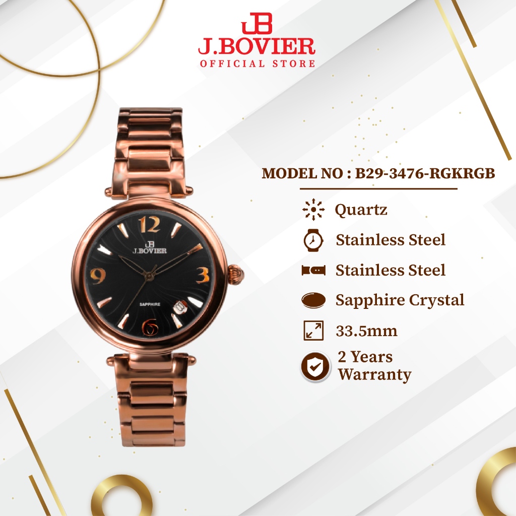 [2 Years Warranty] J.Bovier Sapphire Crystal Glass Women Watch Jam Tangan Wanita B29-3476-RGKRGB