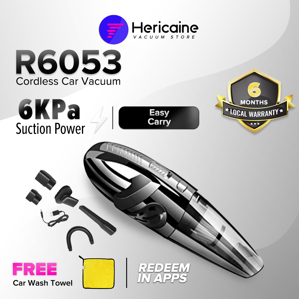 Hericaine R6053 Rechargeable Wireless Cordless Car Vacuum Cleaner Wet & Dry [Free Car Wash Towel]