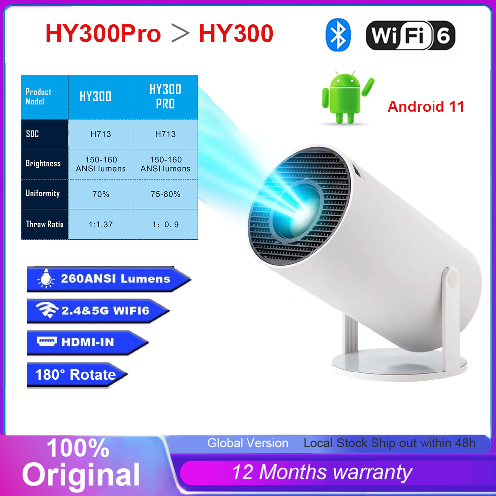 HY300 Pro HD Android 11.0 Projector 4K Home Theater Projector Pocket Mini Projector 4K Wireless Wifi