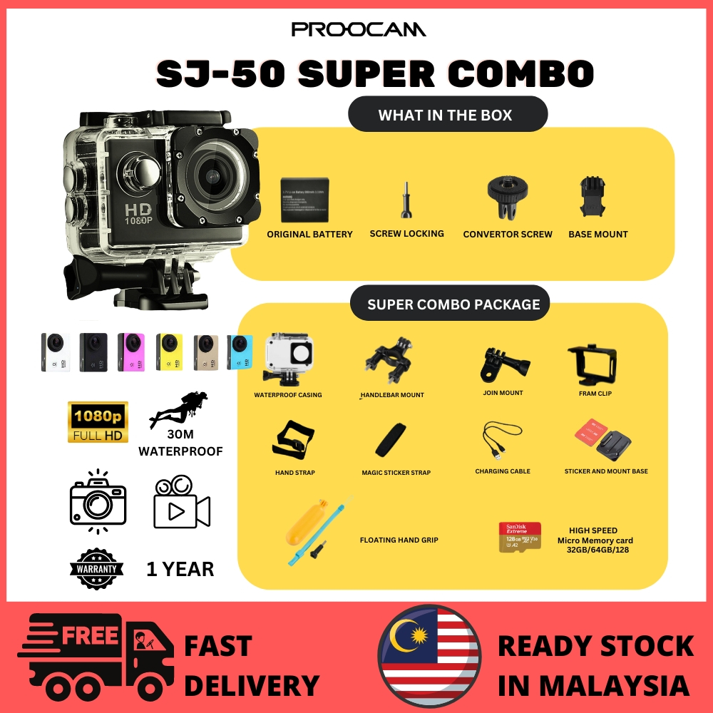 READY STOCK Sport Action Camera Full Set HD 1080P Underwater Travel 2.0 Inch Full accessories Action Camera SJ50 B