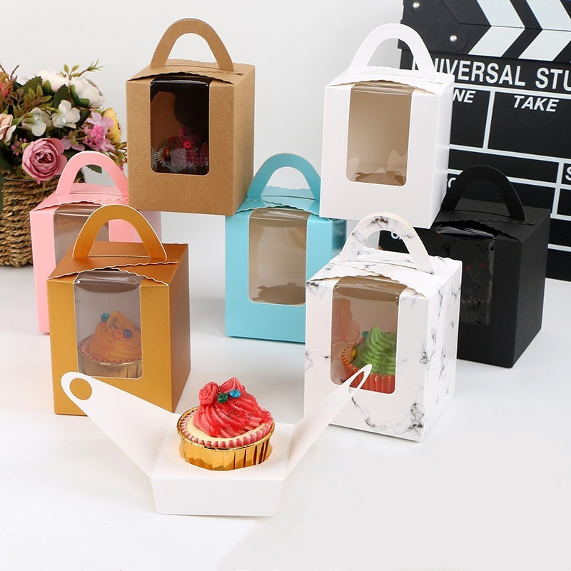 Muffin Cupcake Goody Window Paper Box Kotak Cup Cake Handle Inner Holder Packaging Mooncake Door Gift Wedding Box 马芬盒