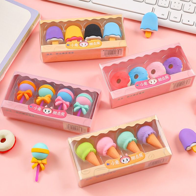 4Pcs/Pack Kawaii Dessert Eraser Set Rubber Creative Pencils Eraser School Supplies