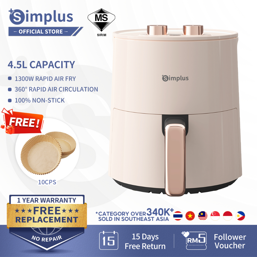 Simplus  Air Fryer 4.5L 1300W Temperature Control 6 Preset Menus Non-Stick Coating 360° Hot Air Circulation Simple Knob