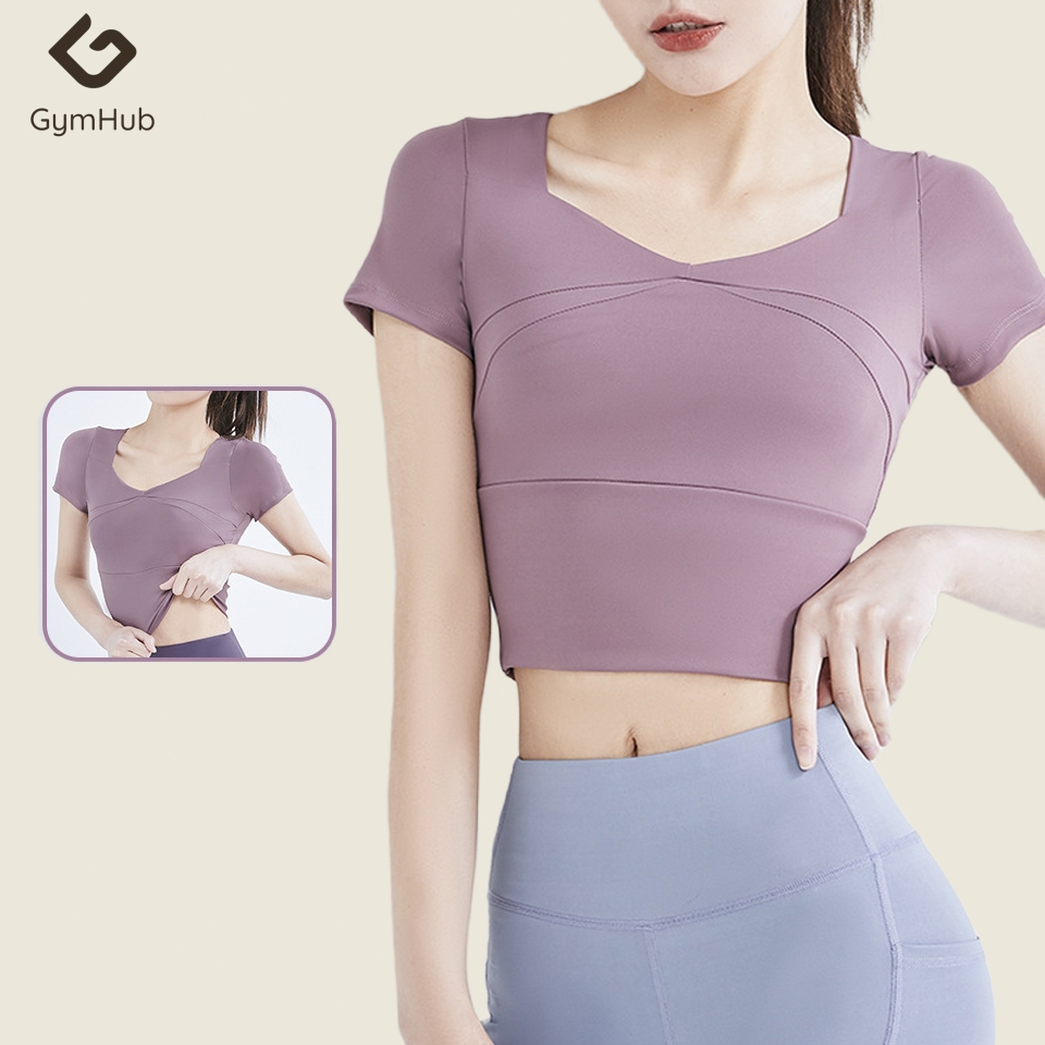 GYMHUB Short Yoga Clothing Sports Tops Splicing Colorful Chest Pads Running Fitness Short Sleeve