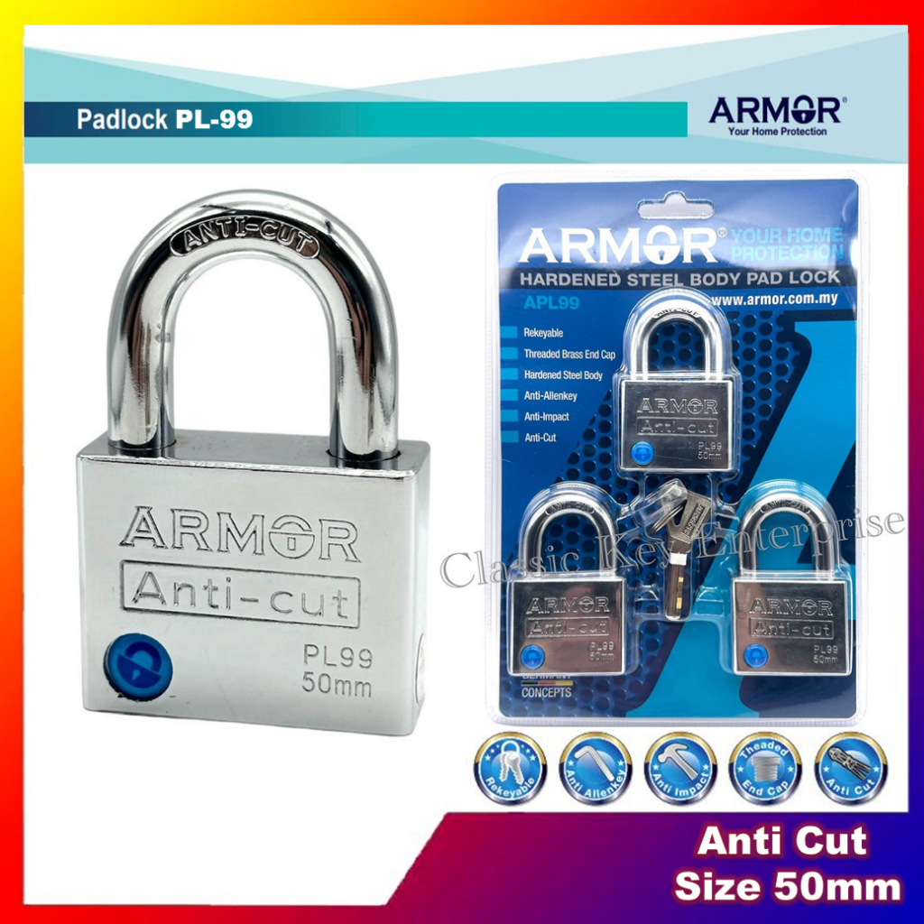 ARMOR Padlock APL-99 Hardened Steel Body Anti Cut (Size 50mm x 3pcs)