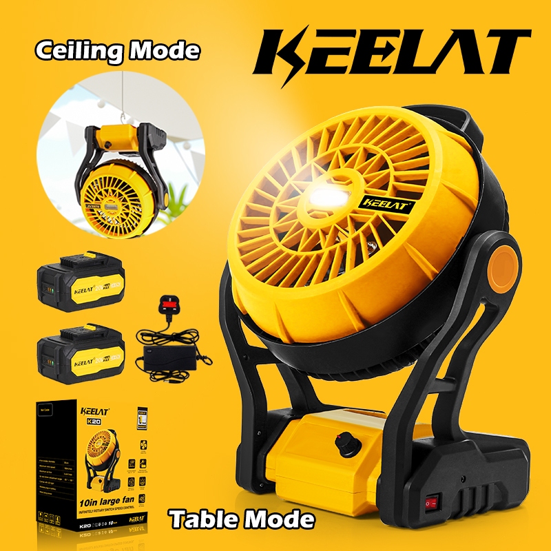 KEELAT 10 Inch Fan Cordless Portable Camping Fan Battery LED Light Rechargeable  Kipas Bateri Tahan Lama Outdoor