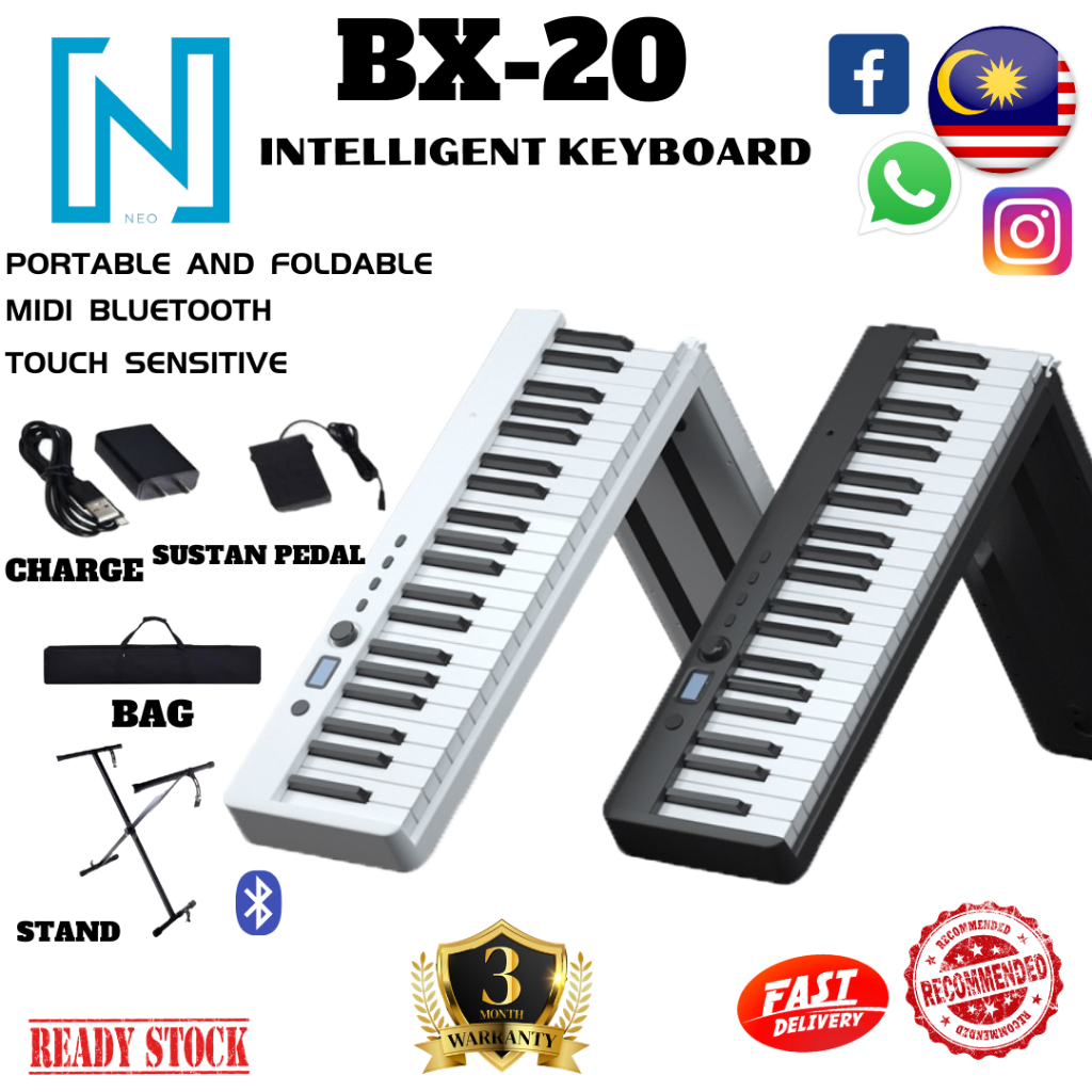 ☆FOLDABLE & PORTABLE☆RECHARGEABLE KEYBOARD WITH TOUCH FUNCTION BX 20 + SUSTAIN PEDAL + FREE BAG + FREE SINGLE STAND