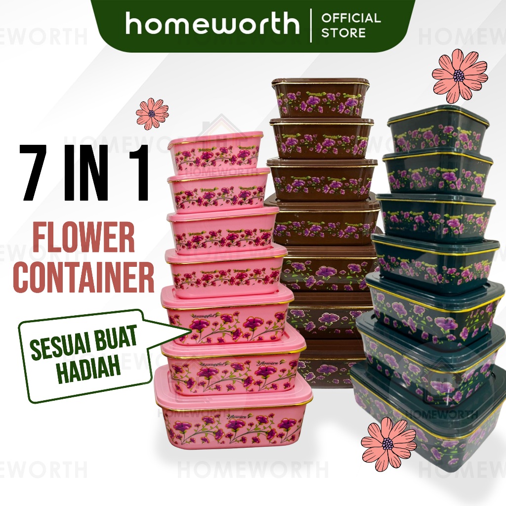 HOMEWORTH 7 in 1 Set Floral Flower Print Food Container With Lids Containers Kitchenware Utensils