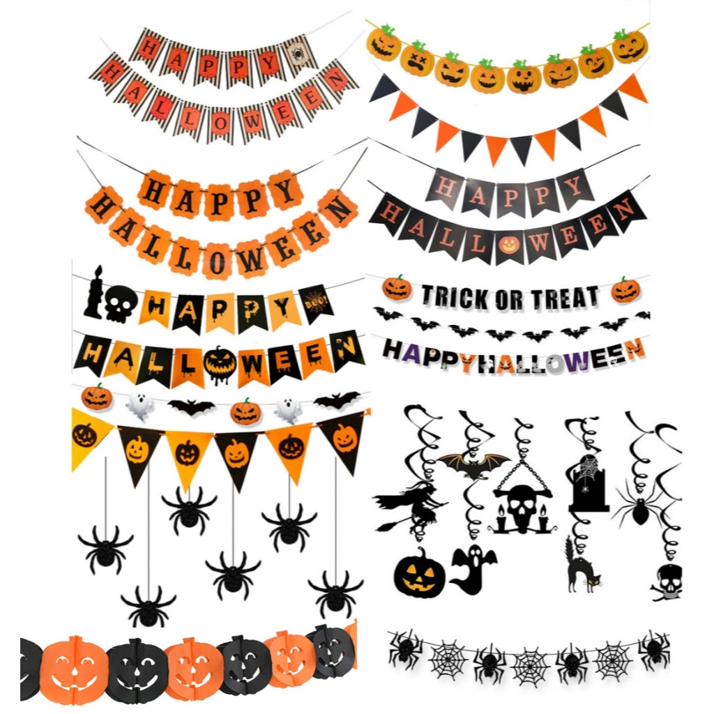 【READY STOCK】-Halloween Flag Decoration ghost Pumpkin Happy Halloween balloon spider net batman balloon 万圣节旗 spider web