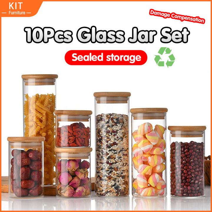 KIT 10/5 Pcs Glass Jar Set Seasoning Bottle Bamboo Rack Wooden Stand Rack Spice Organizer Condiment Jar Holder