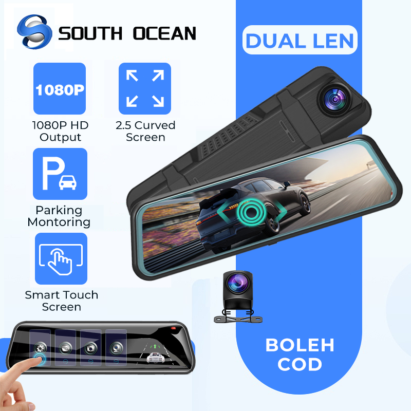 South Ocean 10'' IPS Touch Screen Stream Media Dual Lens 1080P With Night Vision Dash Cam Rearview Mirror Dashcam