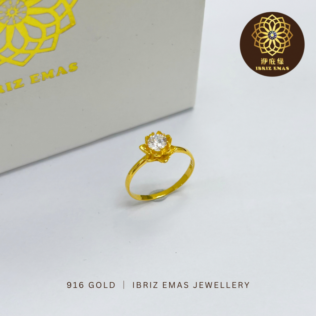 IBRIZ Jewellery R022 | 916 Gold Ring For Woman Rings Lotus Diamond Ring 916 Cincin Emas 916 Original Cincin Perempuan