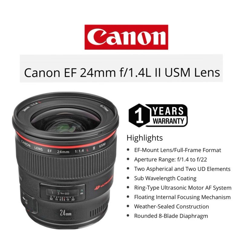 CANON EF 24MM F/1.4L II USM LENS L LENS ULTRASONIC FULL FRAME FORMAT SUPER HIGH SPEED LENS (1 YEARS WARRANTY) 24MM EF RF