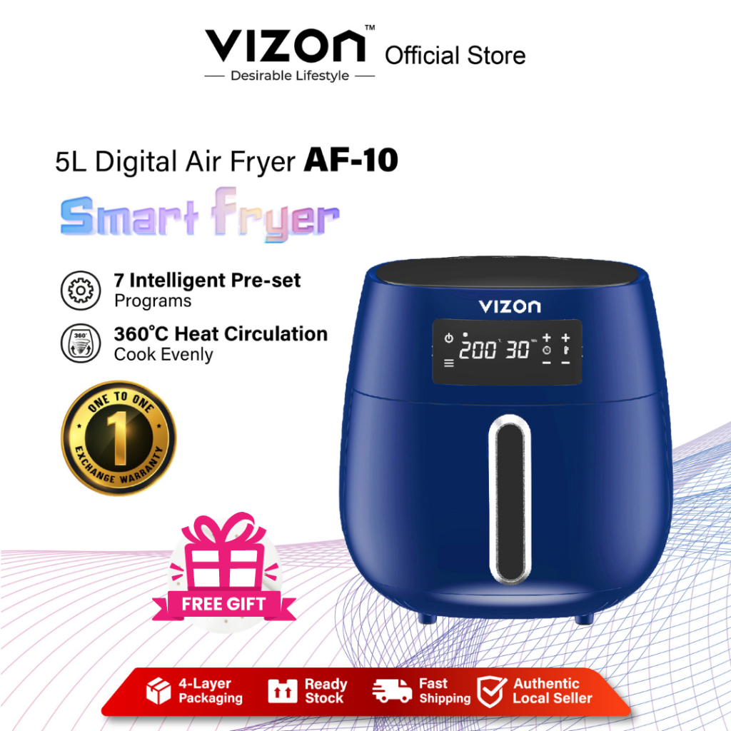 Vizon 5L Smart Digital Touch Screen Display Air Fryer Oven 360 Air Circulation Heating Auto Power Off Oil Free Cooking