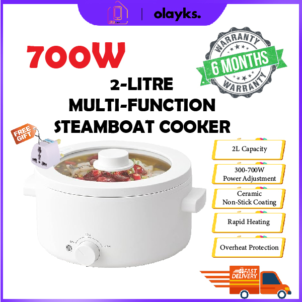 OLAYKS 2-Litre Electric Cooker Steamboat Pot Non-stick Multi-function Cookers Small Electric Cooking Hotpot Steamer