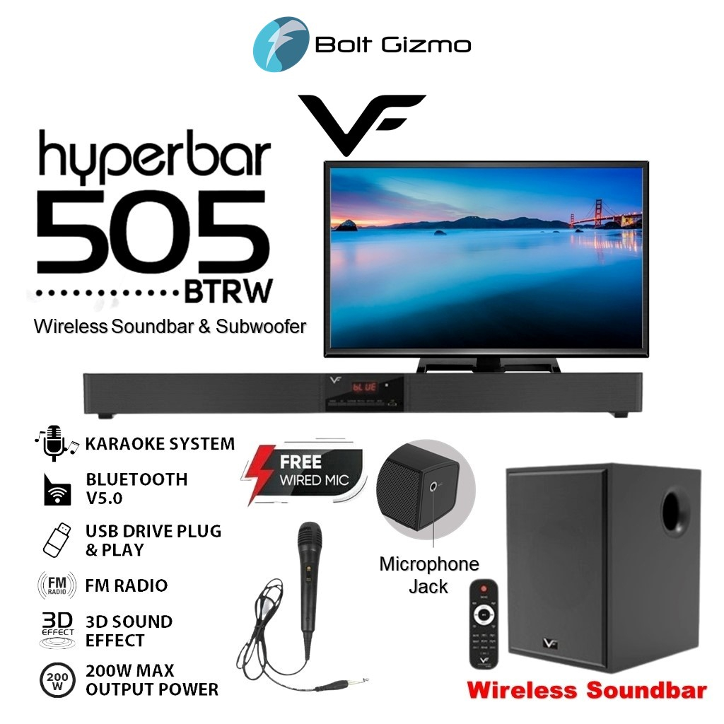 Vinnfier VF Hyperbar 505 M BTRW Soundbar Wireless Subwoofer Bluetooth FM 3D Sound Karaoke Microphone