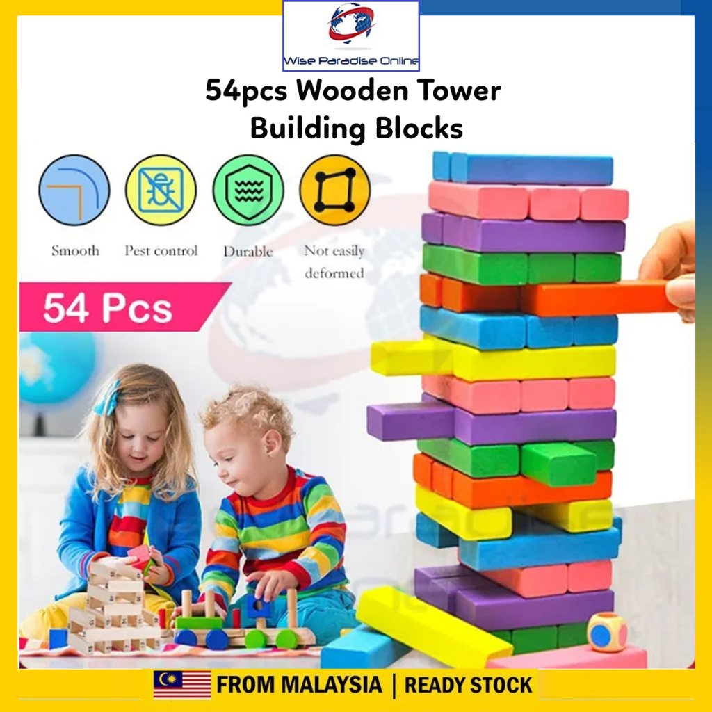 54Pcs Wooden Tower Building Blocks Toy Rainbow Domino Stacker Board Game Folds High Montessori Educational Children 积木 玩