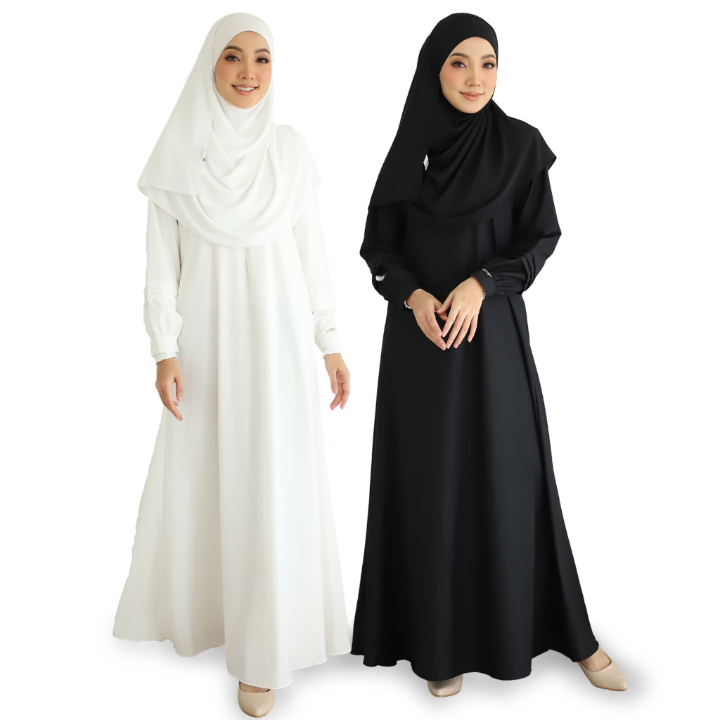 ESTIFA Jubah Medina Baju Umrah Pakaian Muslimah blend cotton, hitam putih full lining cutting flare nursing friendly