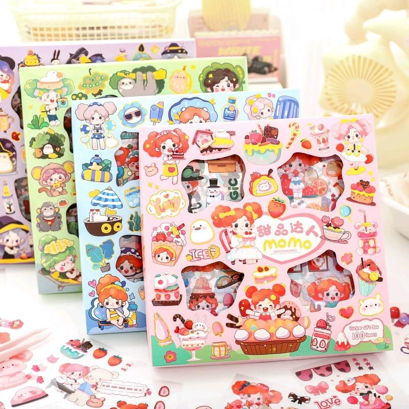 100pcs Pelekat Comel 100pcs Cute Stickers Gift Box FREE 2 PCS Sticker No Repeating PET Washi Decoration Sticker 手帐贴纸防水