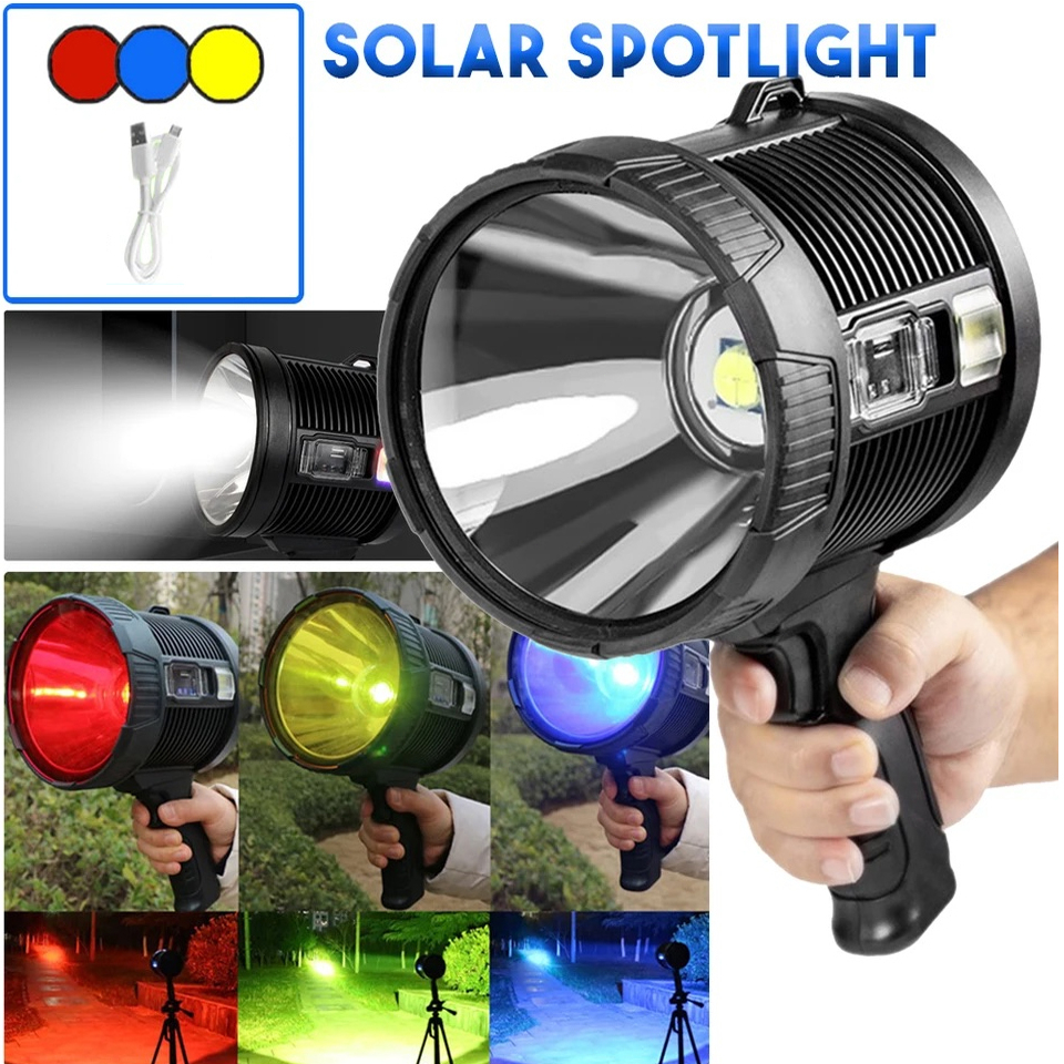 Super Bright LED Solar Rechargeable Flashlight Search Light Portable Handheld Hunting Searchlight Spot Light Lampu Suluh