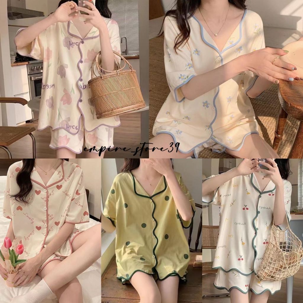 Ready stock set baju Pajamas Women's Summer Sweet Cute Cardigan Loose and comfortable Homewear 2023 New sleepwear woman