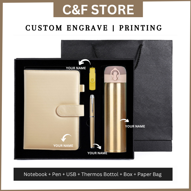 CUSTOM ENGRAVE Doorgift Set Ballpoint pen Metal Pen Ball point Pen 0.5mm Notebook A5 Thermos Bottol Hadiah Brithday