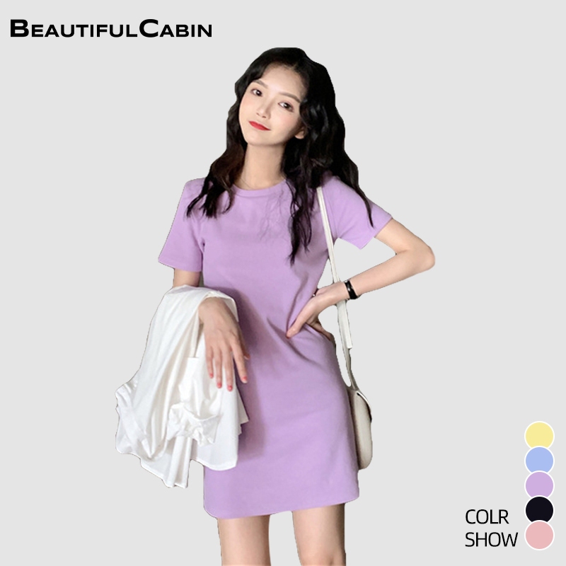 【Ready Stock】Summer Mid-Long Short Sleeve T-shirt Dress Woman Tops Short Sleeve Candy Color SZ083