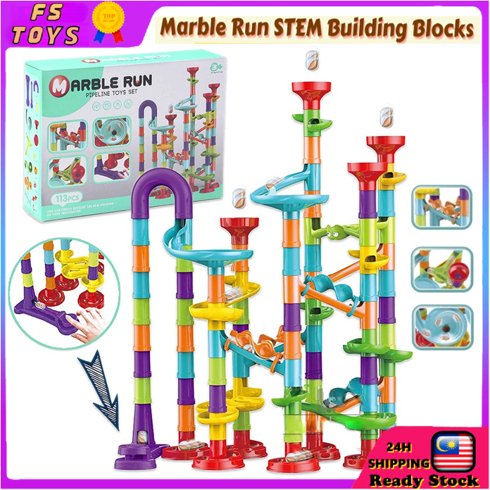 【READY STOCK】113-197 PCS Kids DIY Marble Run STEM Building Blocks Glass Marbles Coaster Set Railway Construction Toys