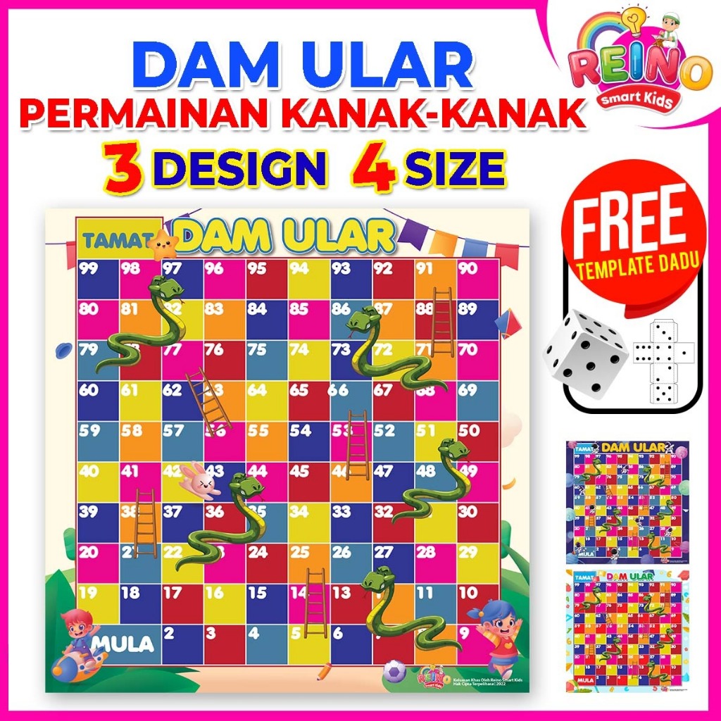 DAM ULAR PERMAINAN KANAK-KANAK (FREE DADU) PELBAGAI SIZE DAN DESIGN